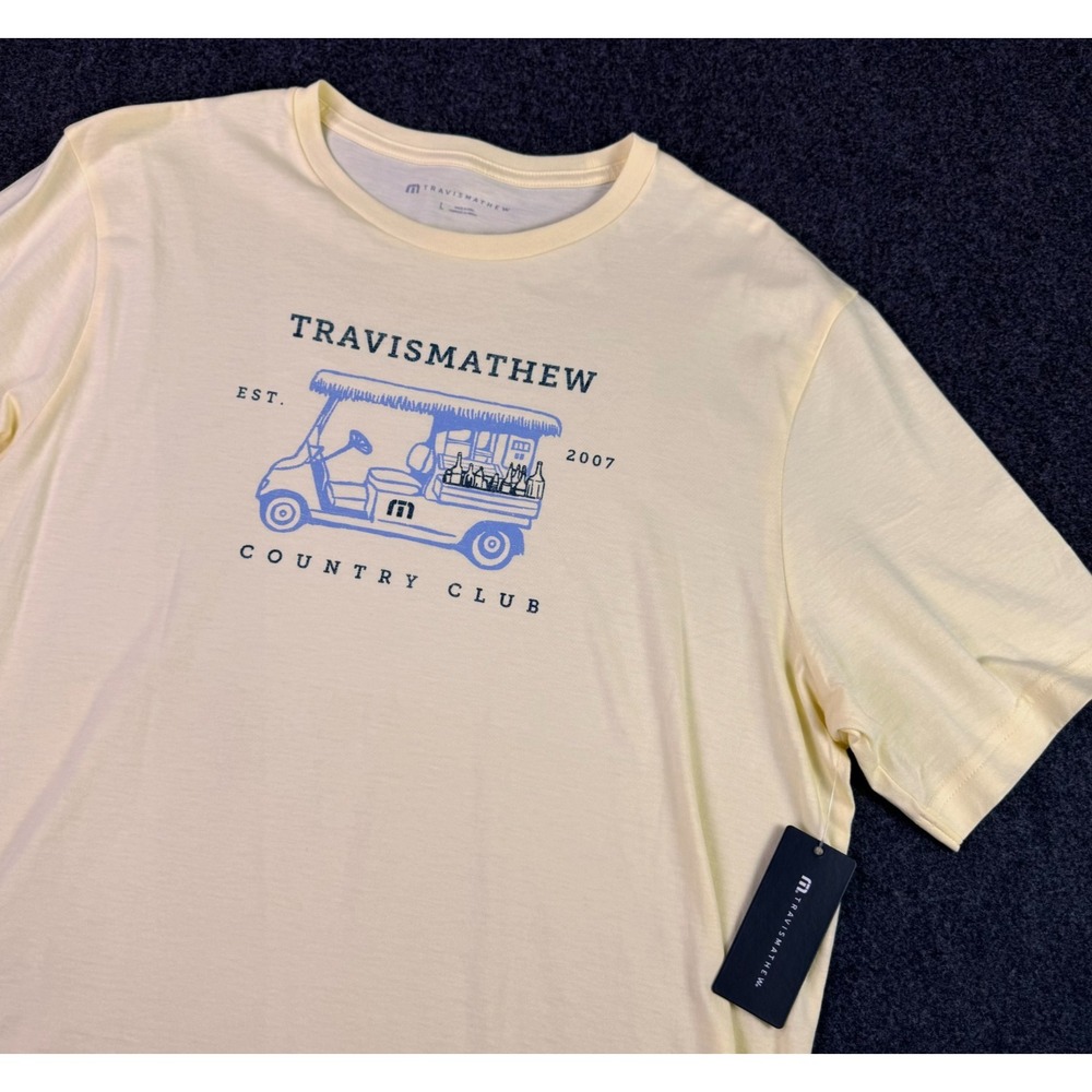 NEW Travis Mathew Country Club Men's Yellow Tiki Mapes Bar Cart T Shirt NWT Sz L